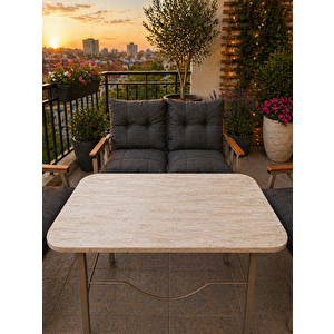 Rüya 4 Kişilik Metal Bahçe Balkon Teras Cafe Oturma Grubu 2+1+1 – Antrasit Minderli – 60x105 Cm Traverten Renk Suntalem Orta Masa