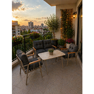 Rüya 4 Kişilik Metal Bahçe Balkon Teras Cafe Oturma Grubu 2+1+1 – Antrasit Minderli – 60x105 Cm Traverten Renk Suntalem Orta Masa