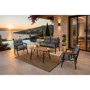 Rüya 4 Kişilik Metal Bahçe Balkon Teras Cafe Oturma Grubu 2+1+1 – Gri Minderli – 60x105 Cm Ceviz Renk Suntalem Orta Masa