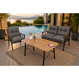 Rüya 4 Kişilik Metal Bahçe Balkon Teras Cafe Oturma Grubu 2+1+1 – Gri Minderli – 60x105 Cm Ceviz Renk Suntalem Orta Masa