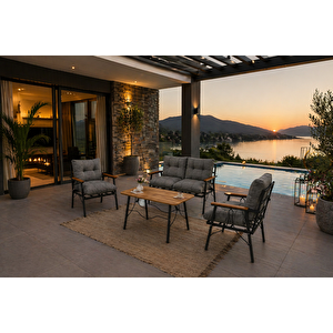 Rüya 4 Kişilik Metal Bahçe Balkon Teras Cafe Oturma Grubu 2+1+1 – Gri Minderli – 60x105 Cm Ceviz Renk Suntalem Orta Masa