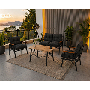 Rüya 4 Kişilik Metal Bahçe Balkon Teras Cafe Oturma Grubu 2+1+1 – Antrasit Minderli – 60x105 Cm Ceviz Renk Suntalem Orta Masa