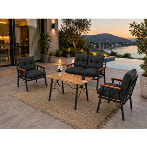 Rüya 4 Kişilik Metal Bahçe Balkon Teras Cafe Oturma Grubu 2+1+1 – Antrasit Minderli – 60x105 Cm Ceviz Renk Suntalem Orta Masa