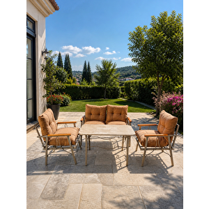 Rüya 4 Kişilik Çapiçino Metal Bahçe Balkon Teras Cafe Oturma Grubu 2+1+1 – Çapiçino  Minderli – 60x105 Cm Traverten Renk Suntalem Orta Masa