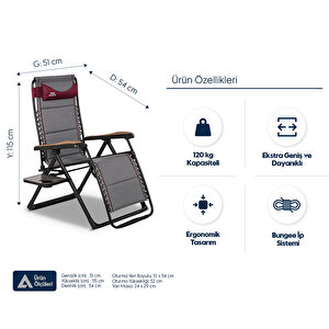 Ekstra Geniş Alüminyum Şezlong Sandalye – 120 Kg Kapasiteli, Konforlu Ve Şık, Zero Gravity Lounger Tasarımı, Boyun Yastığı, Katlanabilir Yan Sehpa, Ayak Uzatma Desteği