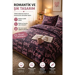 Çift Kişilik Lastikli Çarşaflı Nevresim Takımı  Love Desenli