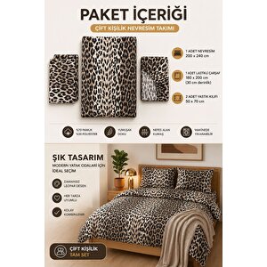 Çift Kişilik Lastikli Çarşaflı Nevresim Takımı  Leopar Desenli