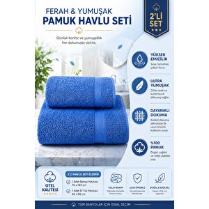 2’li Havlu Seti %100 Pamuk 70x140 Banyo + 50x90 El Yüz Havlusu Dry Forever Mavi Mavi