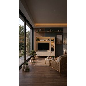 Kahve Köşeli Tv Ünitesi Çok Amaçlı Salon Ve Mutfak Dolabı Led’li