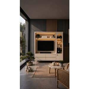 Kahve Köşeli Tv Ünitesi Çok Amaçlı Salon Ve Mutfak Dolabı Led’li