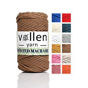 Premium 3 Büküm Taranan Makrome Ipi 250gr , Pamuk Makrame, Halat İp, Üç Büküm, Hobi İpi Kahverengi