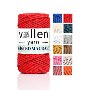 Premium 3 Büküm Taranan Makrome Ipi 250gr , Pamuk Makrame, Halat İp, Üç Büküm, Hobi İpi Kırmızı