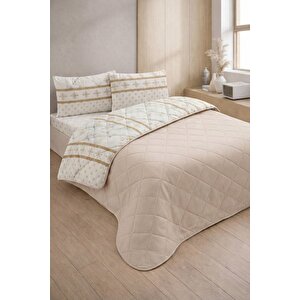 Kapitoneli Çift Kişilik Desenli Pike - Yatak Örtüsü Takımı 200x230 Cm - 2 Adet Yastık Kılıflı Bej