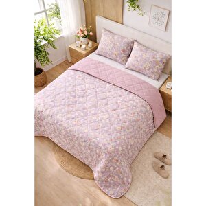 Kapitoneli Çift Kişilik Desenli Pike - Yatak Örtüsü Takımı 200x230 Cm - 2 Adet Yastık Kılıflı Lila