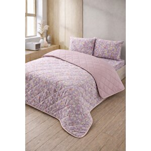 Kapitoneli Çift Kişilik Desenli Pike - Yatak Örtüsü Takımı 200x230 Cm - 2 Adet Yastık Kılıflı Lila