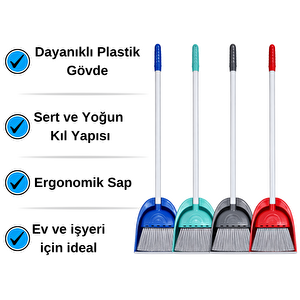 Hazneli Süpürgeli Faraş Seti  X 12 Adet | Uzun Saplı Temizlik Süpürgesi | Yoğun Kıllı Fırça