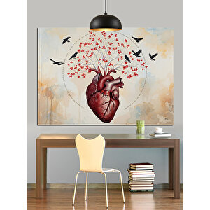 Kalp Anatomi Çiçek Kuşlar Dekoratif Kanvas - Mdf Ahşap Tablo 70x100 cm