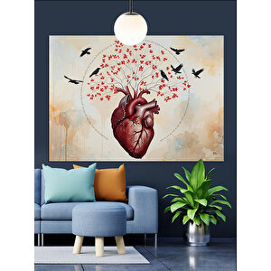 Kalp Anatomi Çiçek Kuşlar Dekoratif Kanvas - Mdf Ahşap Tablo 70x100 cm