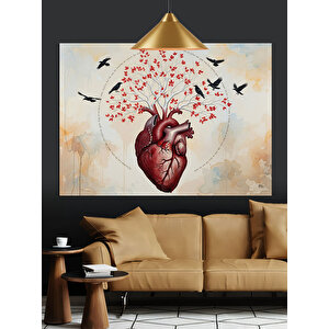 Kalp Anatomi Çiçek Kuşlar Dekoratif Kanvas - Mdf Ahşap Tablo 70x100 cm