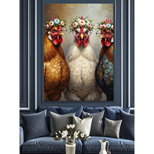 Çiçek Taçlı Üç Horoz Dekoratif Kanvas - Mdf Ahşap Tablo 70x100 cm