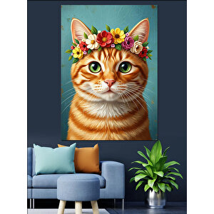 Çiçek Tacı Takmış Sevimli Kedi Dekoratif Kanvas - Mdf Ahşap Tablo 50x70 cm