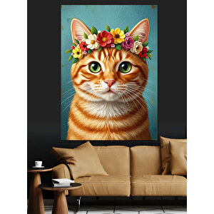 Çiçek Tacı Takmış Sevimli Kedi Dekoratif Kanvas - Mdf Ahşap Tablo 50x70 cm