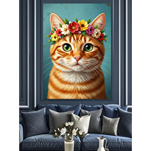 Çiçek Tacı Takmış Sevimli Kedi Dekoratif Kanvas - Mdf Ahşap Tablo 50x70 cm