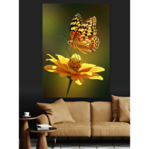 Kelebek Sarı Çiçek Parlak Dekoratif Kanvas - Mdf Ahşap Tablo 70x100 cm