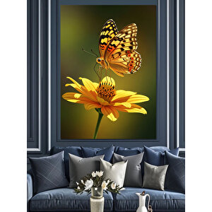 Kelebek Sarı Çiçek Parlak Dekoratif Kanvas - Mdf Ahşap Tablo 70x100 cm