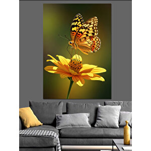 Kelebek Sarı Çiçek Parlak Dekoratif Kanvas - Mdf Ahşap Tablo 70x100 cm