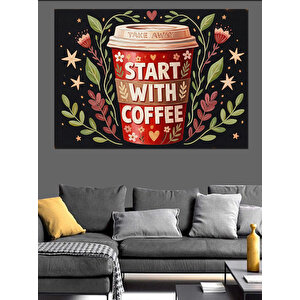 Kahve Ve Çiçek İllüstrasyonu Dekoratif Kanvas - Mdf Ahşap Tablo 70x100 cm
