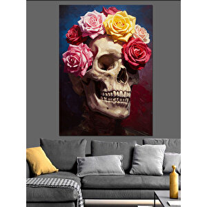 Çiçek Taçlı Kurukafa İllüstrasyon Dekoratif Kanvas - Mdf Ahşap Tablo 70x100 cm