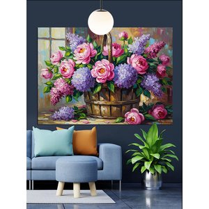 Sepette Canlı Çiçek Buketi Dekoratif Kanvas - Mdf Ahşap Tablo 50x70 cm