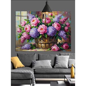 Sepette Canlı Çiçek Buketi Dekoratif Kanvas - Mdf Ahşap Tablo 50x70 cm