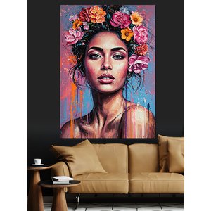 Çiçek Taçlı Güzel Kadın Dekoratif Kanvas - Mdf Ahşap Tablo 100x140 cm