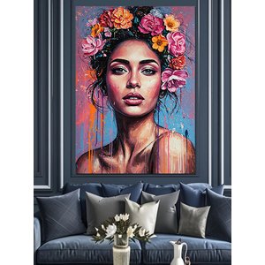 Çiçek Taçlı Güzel Kadın Dekoratif Kanvas - Mdf Ahşap Tablo 100x140 cm