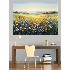 Renkli Çiçek Tarlası Ve Gökyüzü Dekoratif Kanvas - Mdf Ahşap Tablo 100x140 cm