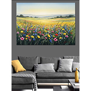 Renkli Çiçek Tarlası Ve Gökyüzü Dekoratif Kanvas - Mdf Ahşap Tablo 100x140 cm