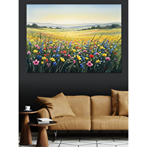 Renkli Çiçek Tarlası Ve Gökyüzü Dekoratif Kanvas - Mdf Ahşap Tablo 100x140 cm