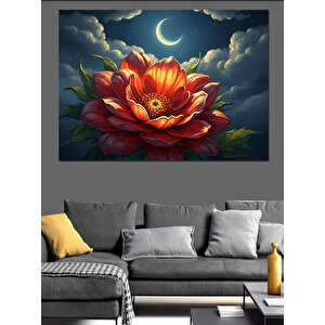 Gece Açan Dev Kırmızı Çiçek Dekoratif Kanvas - Mdf Ahşap Tablo 100x140 cm