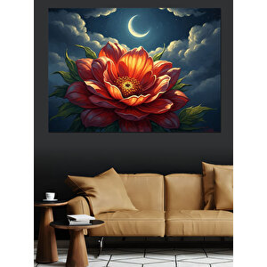 Gece Açan Dev Kırmızı Çiçek Dekoratif Kanvas - Mdf Ahşap Tablo 70x100 cm