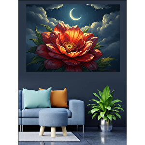 Gece Açan Dev Kırmızı Çiçek Dekoratif Kanvas - Mdf Ahşap Tablo 70x100 cm