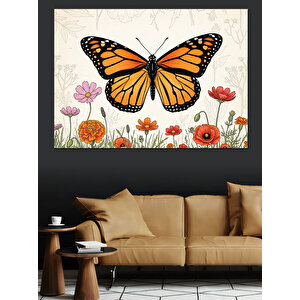 Büyük Turuncu Çiçek Ve Kelebek Dekoratif Kanvas - Mdf Ahşap Tablo 100x140 cm