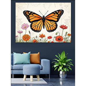 Büyük Turuncu Çiçek Ve Kelebek Dekoratif Kanvas - Mdf Ahşap Tablo 100x140 cm