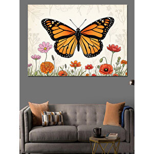 Büyük Turuncu Çiçek Ve Kelebek Dekoratif Kanvas - Mdf Ahşap Tablo 100x140 cm