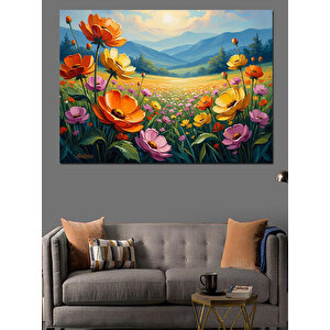 Renkli Çiçek Bahçesi Ve Dağlar Dekoratif Kanvas - Mdf Ahşap Tablo 100x140 cm