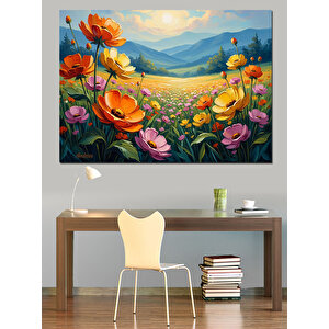 Renkli Çiçek Bahçesi Ve Dağlar Dekoratif Kanvas - Mdf Ahşap Tablo 100x140 cm