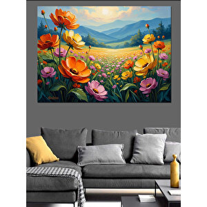 Renkli Çiçek Bahçesi Ve Dağlar Dekoratif Kanvas - Mdf Ahşap Tablo 100x140 cm