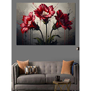 Üç Adet Kırmızı Çiçek İllüstrasyonu Dekoratif Kanvas - Mdf Ahşap Tablo 70x100 cm