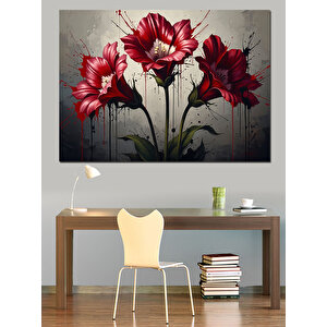 Üç Adet Kırmızı Çiçek İllüstrasyonu Dekoratif Kanvas - Mdf Ahşap Tablo 70x100 cm